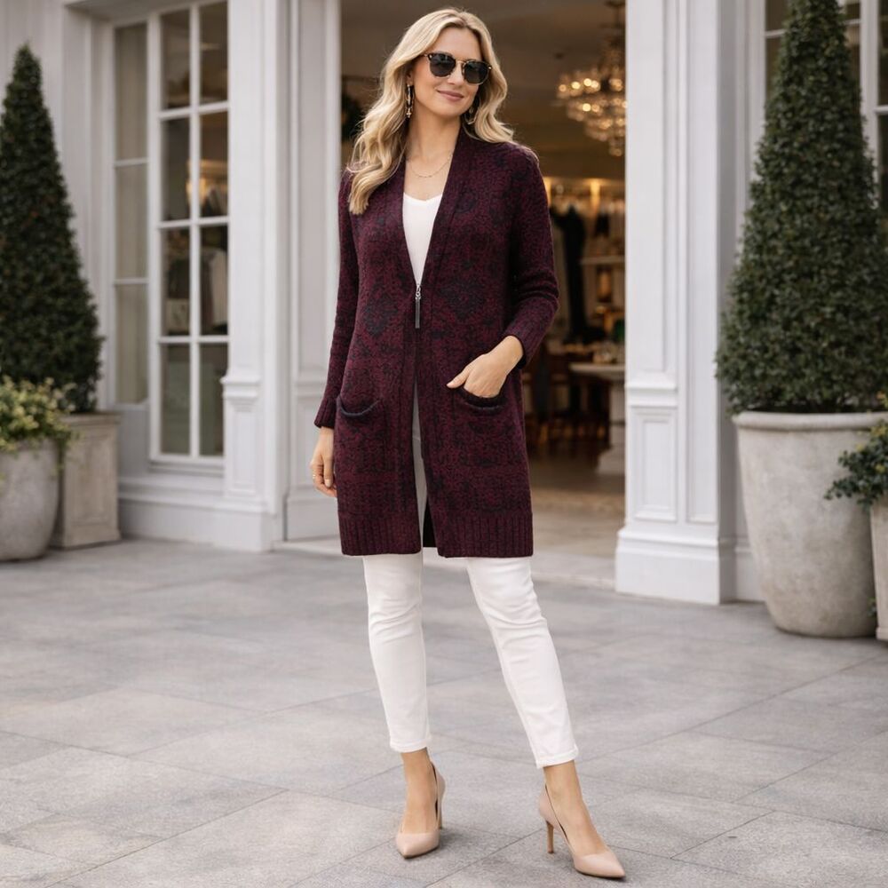 J.JILL Cardigan Long Open Front Knit Burgundy Pockets‎ Long Sleeve Size LARGE